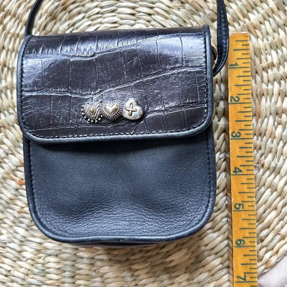 Brighton Vintage Black Leather Croc Embossed Heart Crossbody Mini Bag